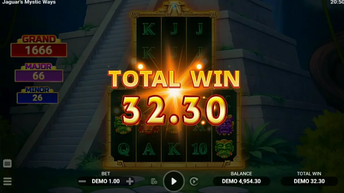 Pemandangan kuil kuno dan hutan mistis dalam slot Jaguar’s Mystic Ways
