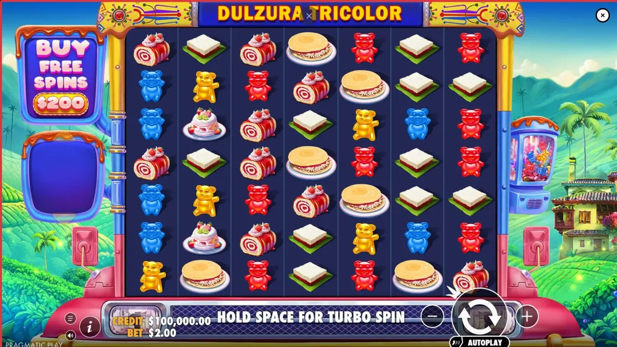 Pemandangan tropis Kolombia yang cerah dengan simbol-simbol manis di grid slot Dulzura Tricolor